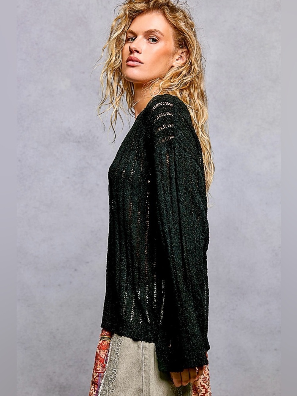 ❤️Hello Gorgeous! POL Round Neck Long Sleeve Open Weave Sweater- Black